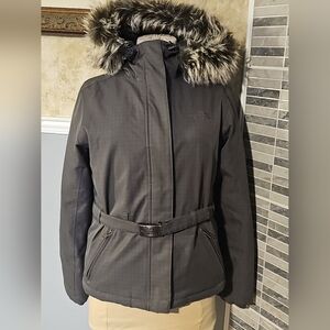 The North Face Lady Grey‎ Hooded Goose Down Zip Up Belted Jacket Size S